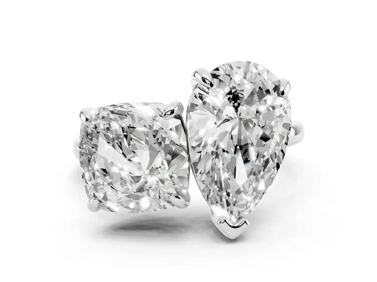 Pear and Cushion Toi Moi Ring with Prong Setting and Plain Band White gold