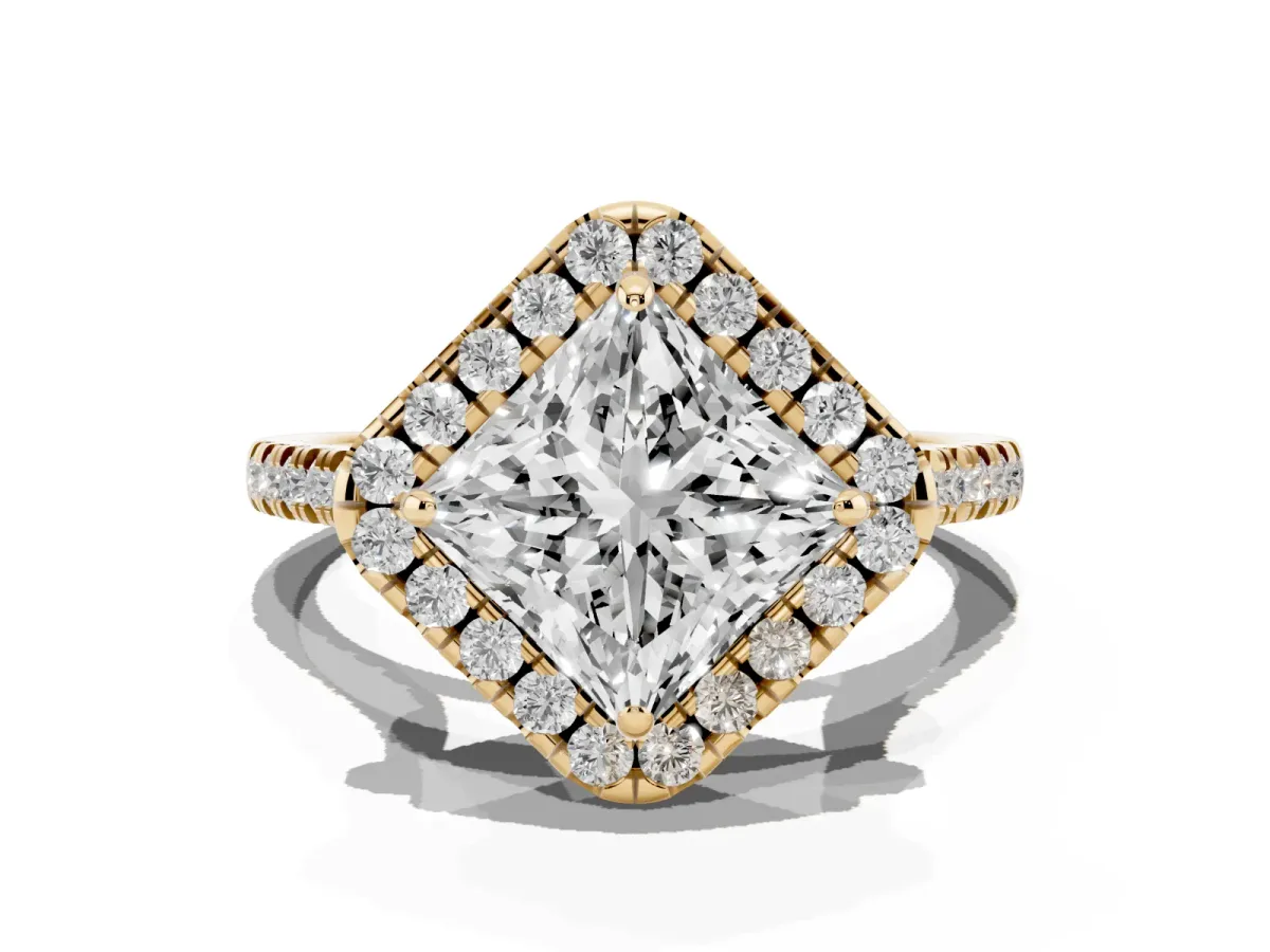 Princess Cut Diamond Cushion Halo Ring with Pavé Band Yellow gold