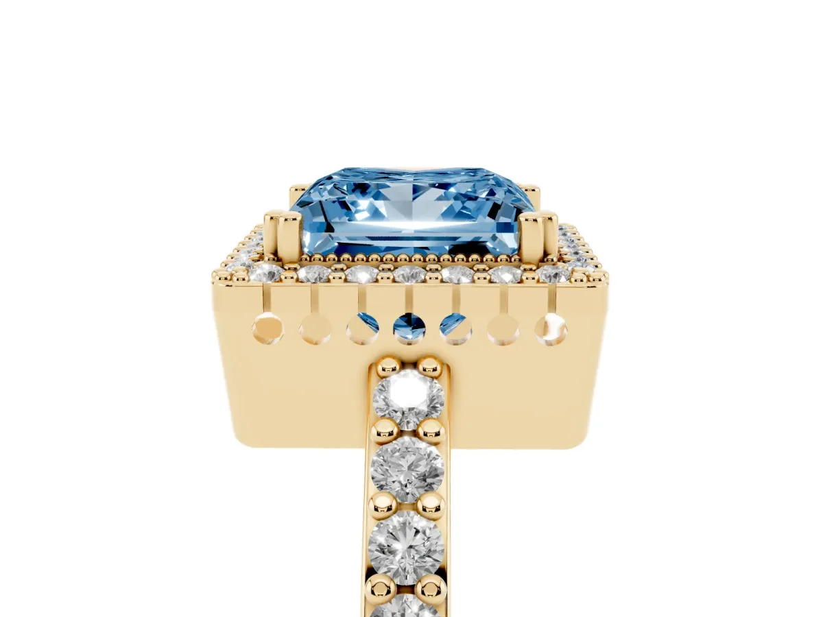 Fancy Blue Princess Cut Cut Diamond Halo Engagement Ring with Milgrain Detail and Pavé Band Yellow gold