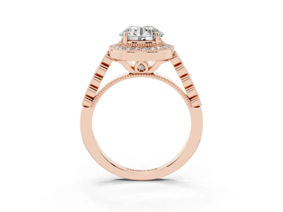 Round Cut Halo Milgrain Solitaire with Bezel Set Side Stones and Pave Band Rose gold