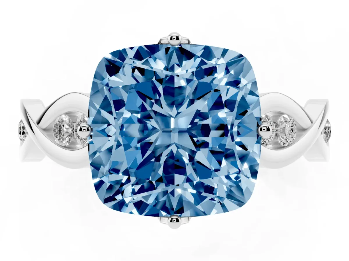 Fancy Blue Cushion Cut Solitaire Twist Band with Leaf Prong Setting Silver