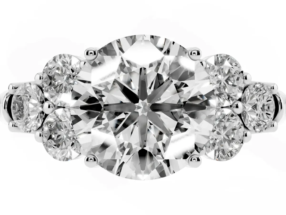 Round Cut Cut Diamond Cluster Ring with Round Accent Stones and Prong Setting on a Classic Band Silver
