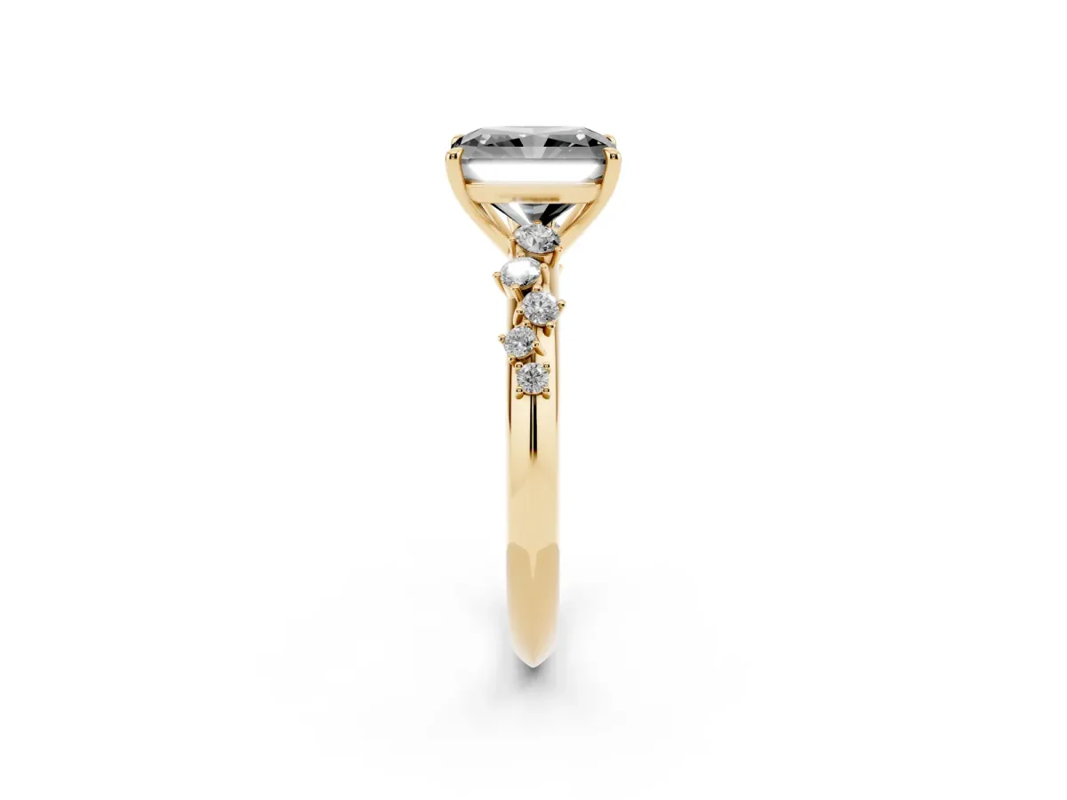 Fancy Black Radiant Cut Diamond Cluster Side Stone Solitaire Ring with Prong Setting Yellow gold