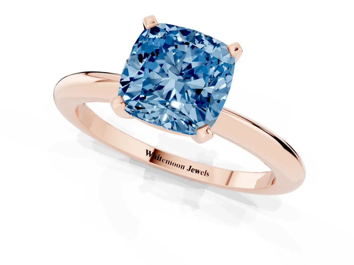 Fancy Blue Cushion Cut Diamond Solitaire Ring with Prong Setting and Classic Band Rose gold
