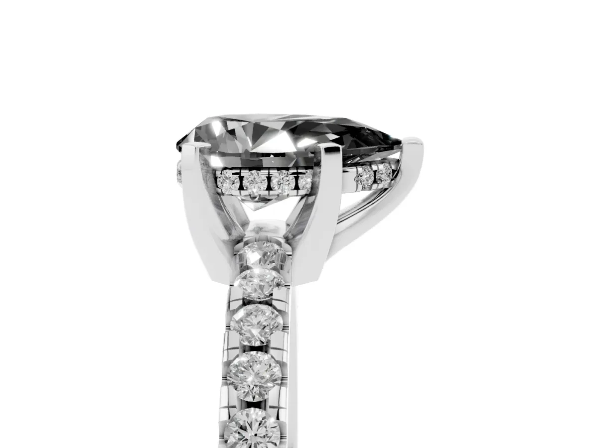 Fancy Black Pear Cut Diamond Solitaire Ring with Round Pavé Band and Four-Prong Setting Silver