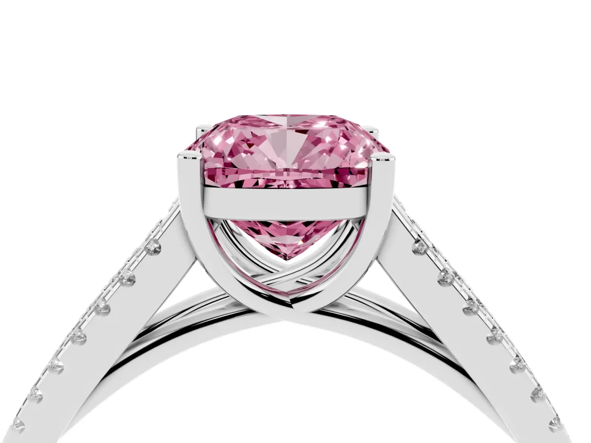 Fancy Pink Cushion Cut Diamond Solitaire Engagement Ring with Split Shank Pavé Band Silver