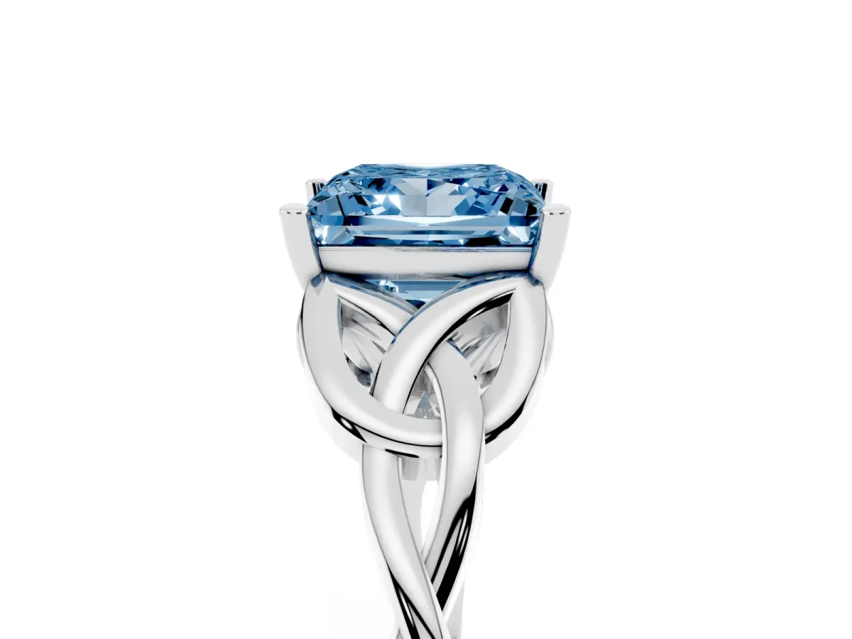 Fancy Blue Princess Cut Diamond Solitaire Engagement Ring with Celtic Knot Band and Four-Prong Setting White gold