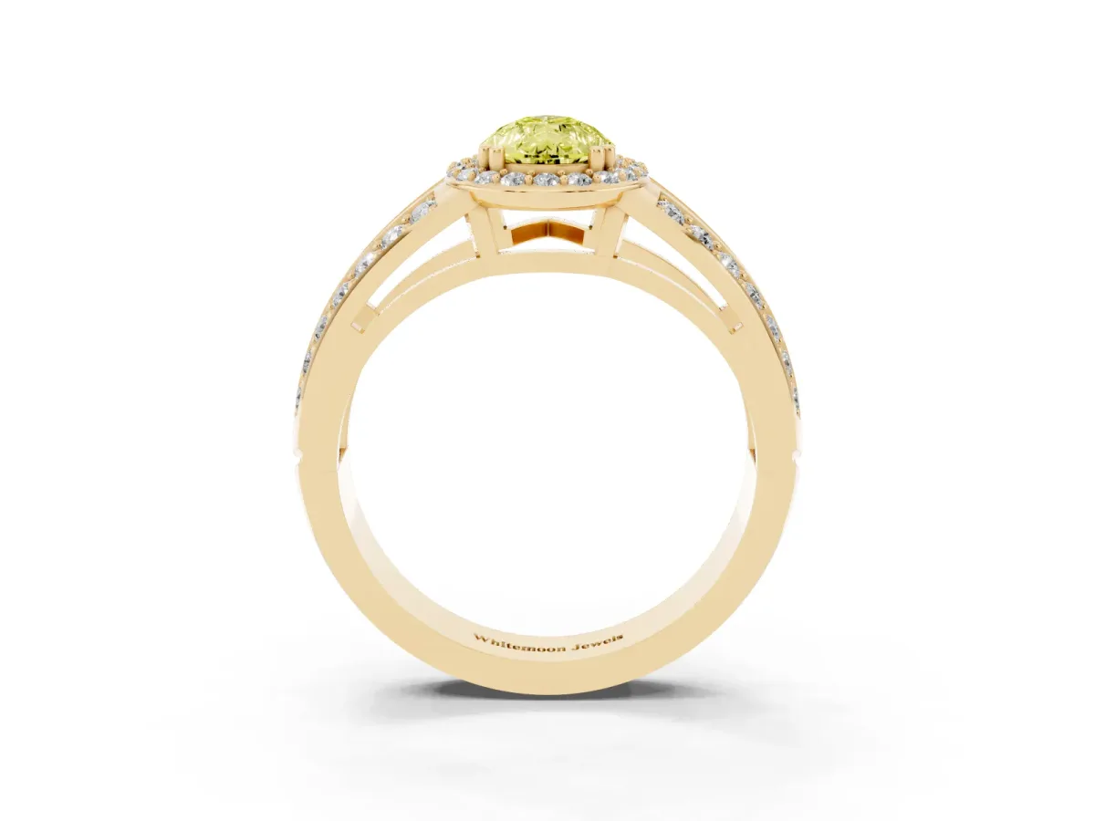 Fancy Yellow Pear Cut Diamond Halo Ring with Split Shank Pavé Band and Four-Prong Setting Yellow gold