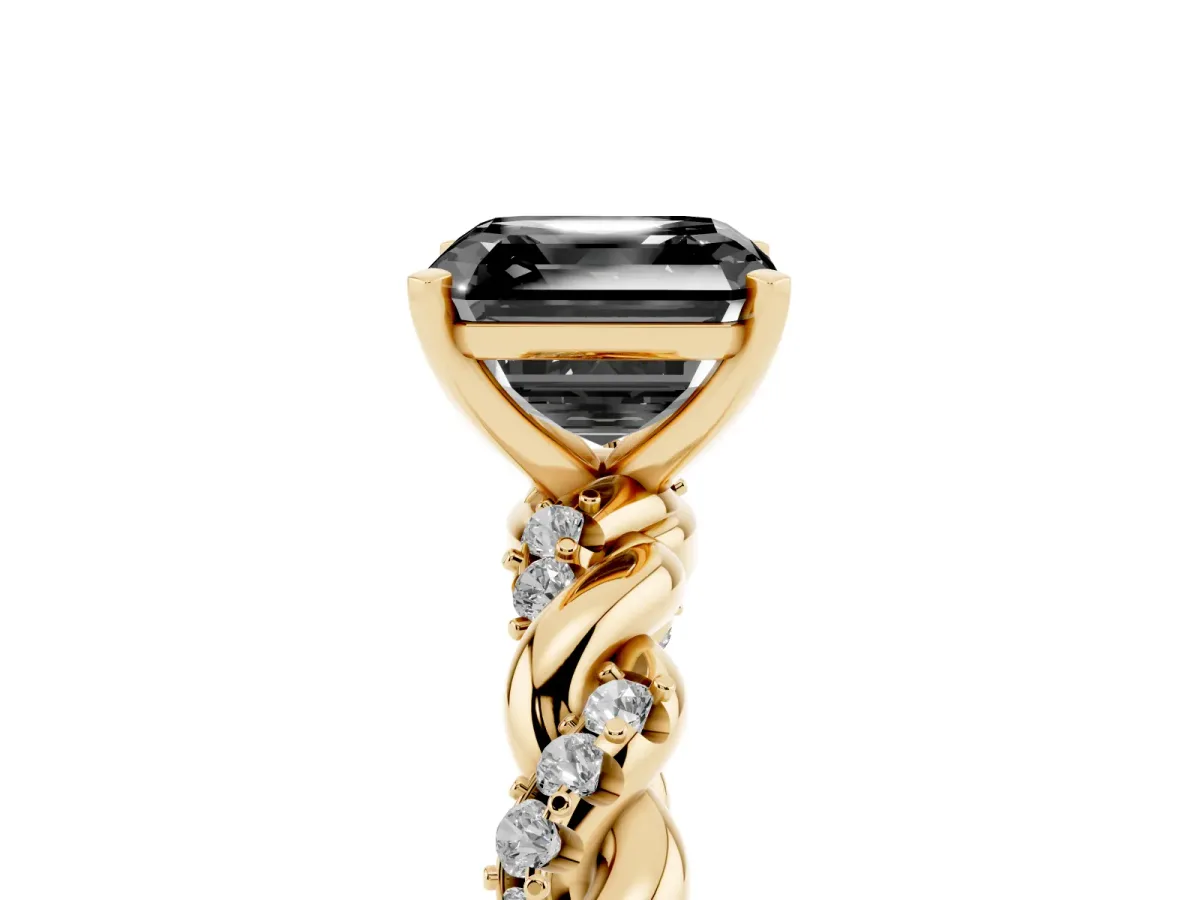 Fancy Black Asscher Cut Diamond Solitaire Ring with Twisted Band and Pavé Accents Yellow gold