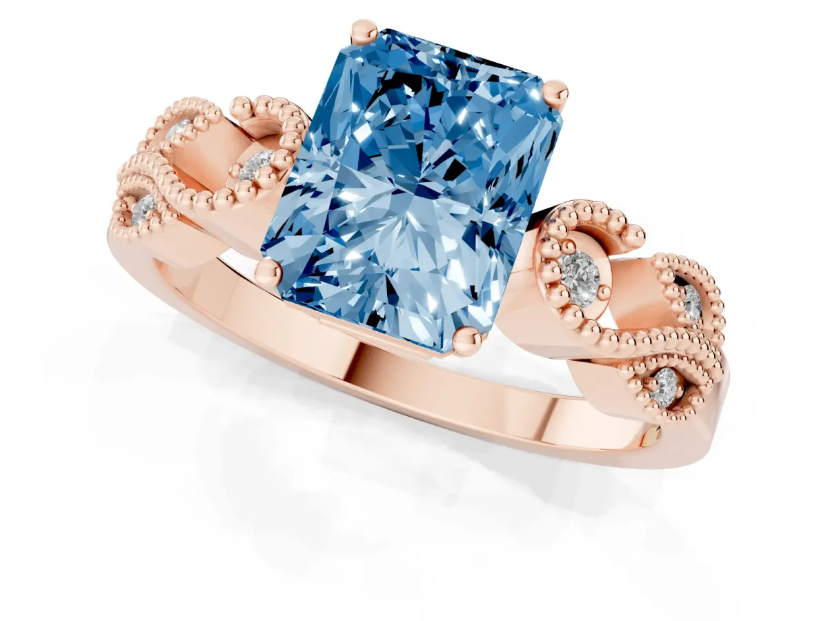 Fancy Blue Radiant Cut Solitaire Milgrain Leaf Band with Prong Setting Rose gold