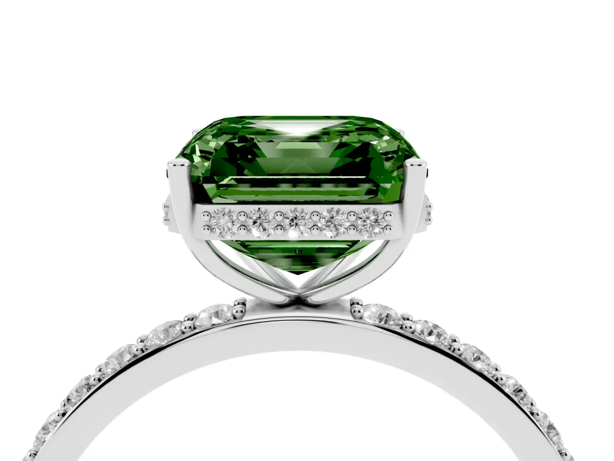 Fancy Green Asscher Cut Diamond Solitaire Ring with Pavé Band and Hidden Halo White gold