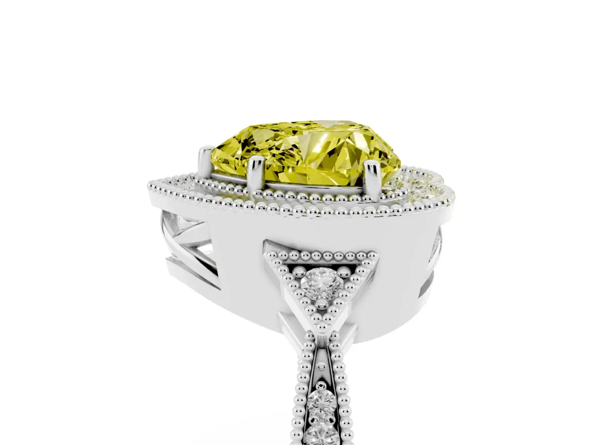 Fancy Yellow Heart Cut Halo Round Diamond Milgrain Pave Engagement Ring Platinum