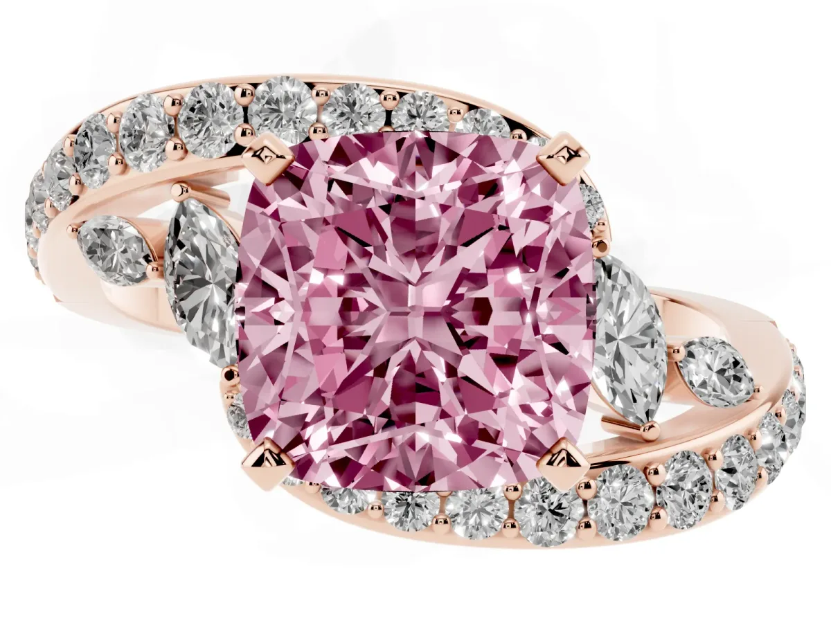 Fancy Pink Cushion Cut Solitaire with Pavé Twist Band and Four-Prong Setting Rose gold