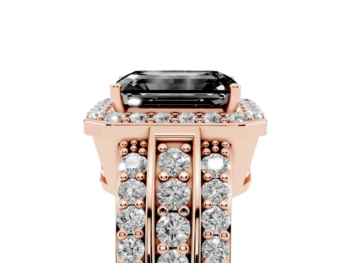 Fancy Black Emerald Cut Halo Diamond Ring with Round Split Shank and Prong Setting Rose gold