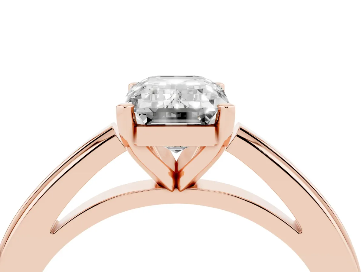 Emerald Cut Solitaire Diamond Ring with Four-Prong Setting and Classic Band Rose gold