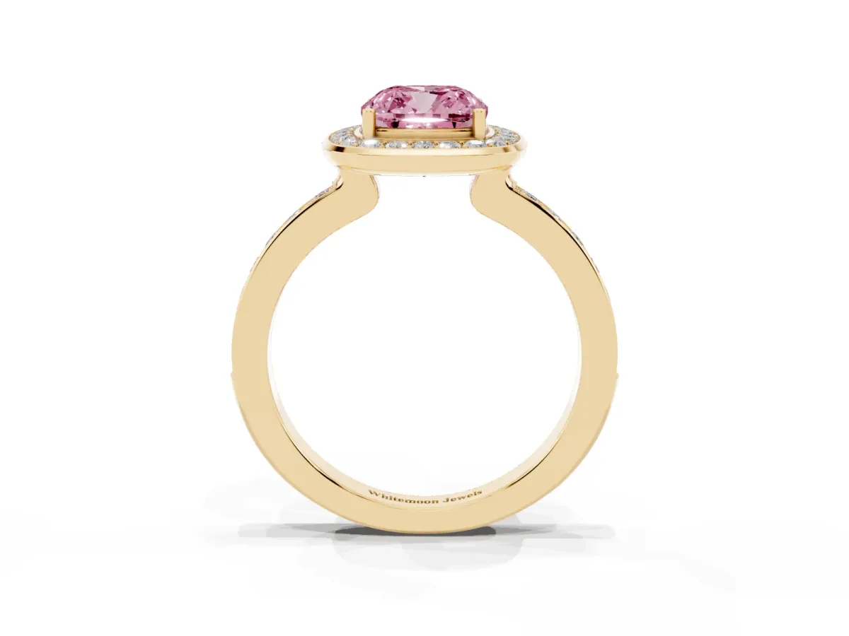 Fancy Pink Cushion Cut Diamond Halo Ring with Bezel Frame and Pavé Band Yellow gold