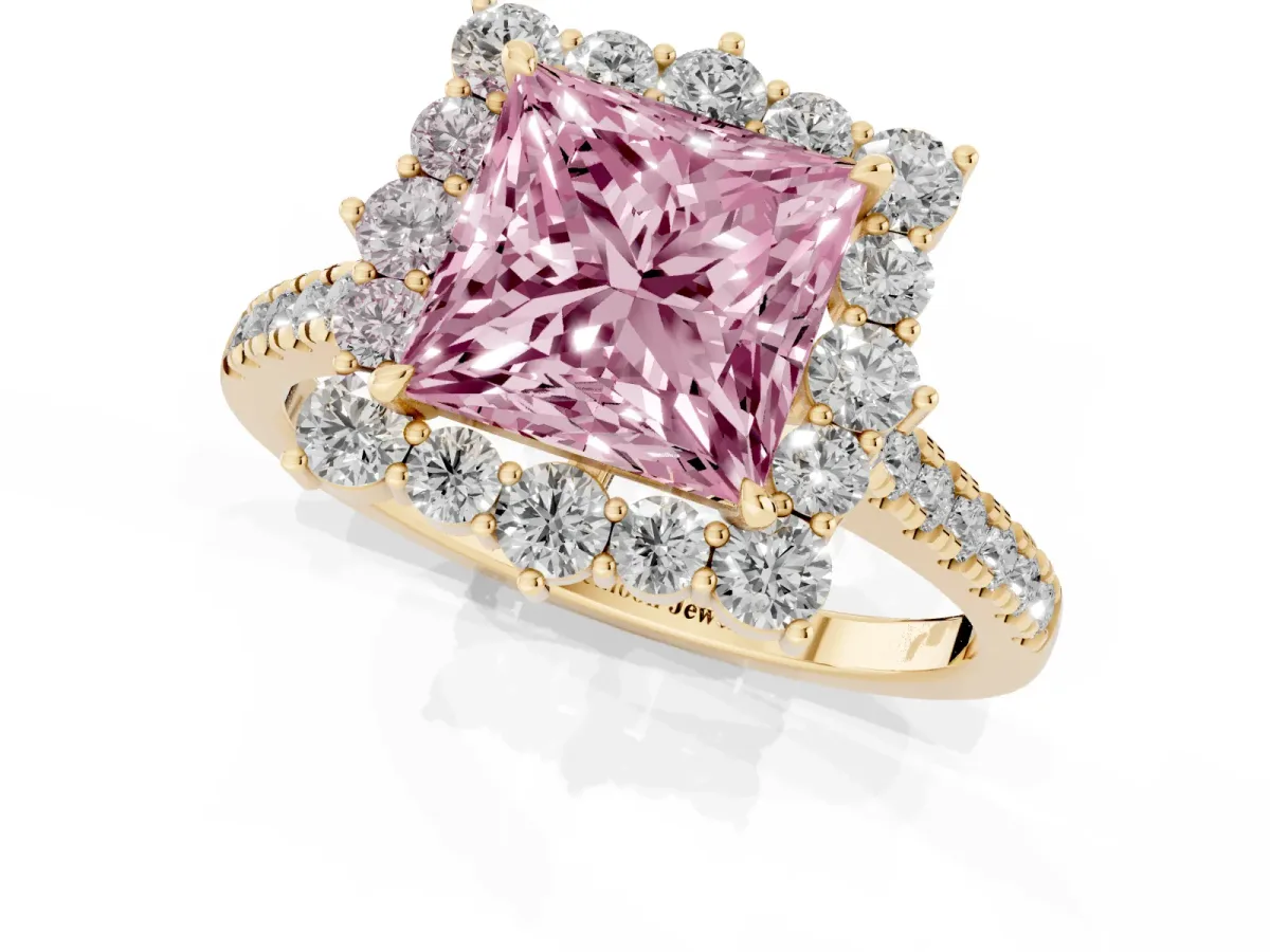 Fancy Pink Princess Cut Halo Diamond Ring with Pavé Band and Prong Setting Yellow gold