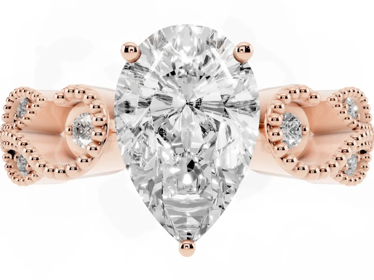 Pear Cut Solitaire Milgrain Leaf Band with Prong Setting Rose gold