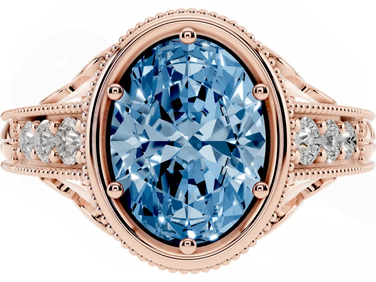 Fancy Blue Bezel Set Oval Cut Diamond Milgrain Pave Engagement Ring Rose gold