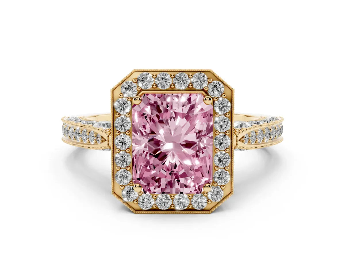 Fancy Pink Radiant Cut Halo Diamond Engagement Ring with Split Shank Band and Four-Prong Setting Yellow gold