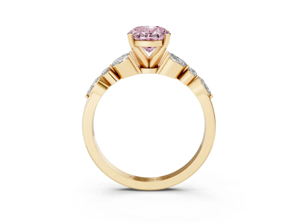 Fancy Pink Oval Cut Diamond Solitaire Ring with Side Stones and Four-Prong Setting Yellow gold