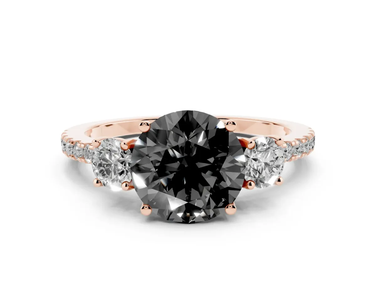 Fancy Black Three-Stone Round Cut Cut Diamond Pavé Band with Prong Setting Rose gold