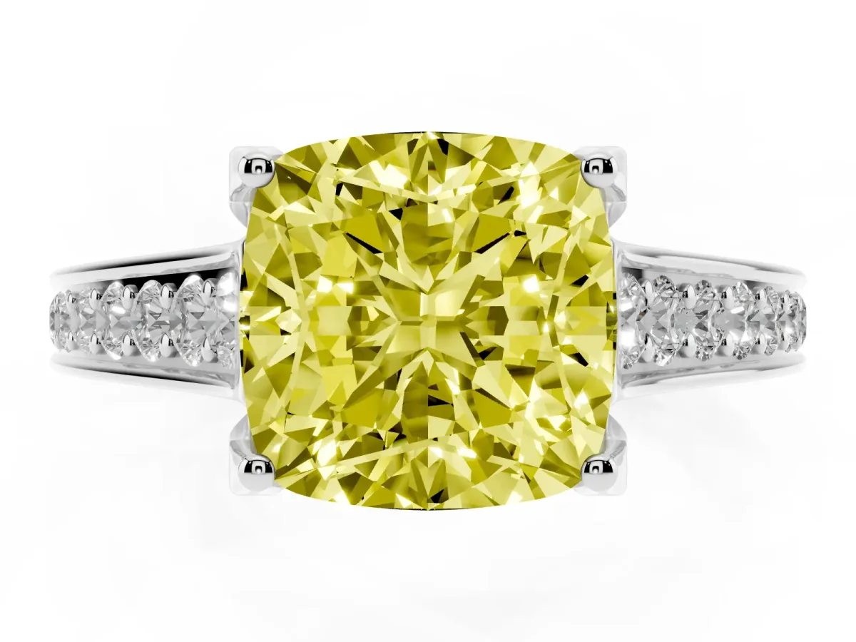 Fancy Yellow Cushion Cut Brilliant Cut Diamond Engagement Ring with Pavé Band and Four-Prong Setting Silver