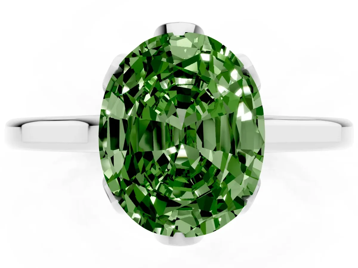 Fancy Green Oval Cut Diamond Solitaire Ring with Flower Prong Setting and Classic Band Silver