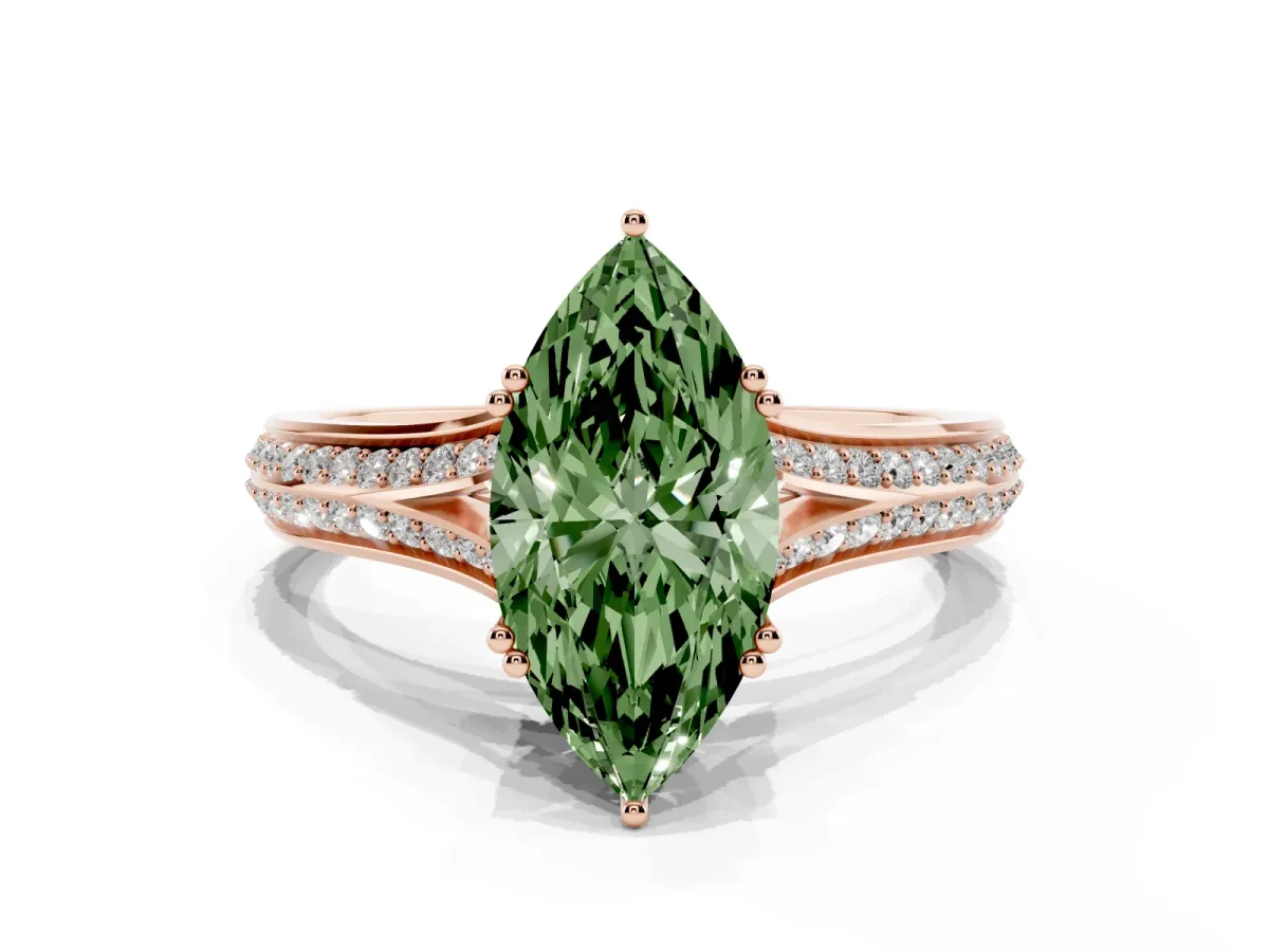 Fancy Green Marquise Cut Diamond Split Shank Engagement Ring with Pavé Band Rose gold
