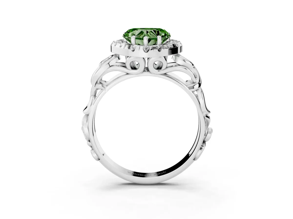 Fancy Green Heart Cut Cut Halo Diamond Ring with Scrollwork Band and Four-Prong Setting Silver