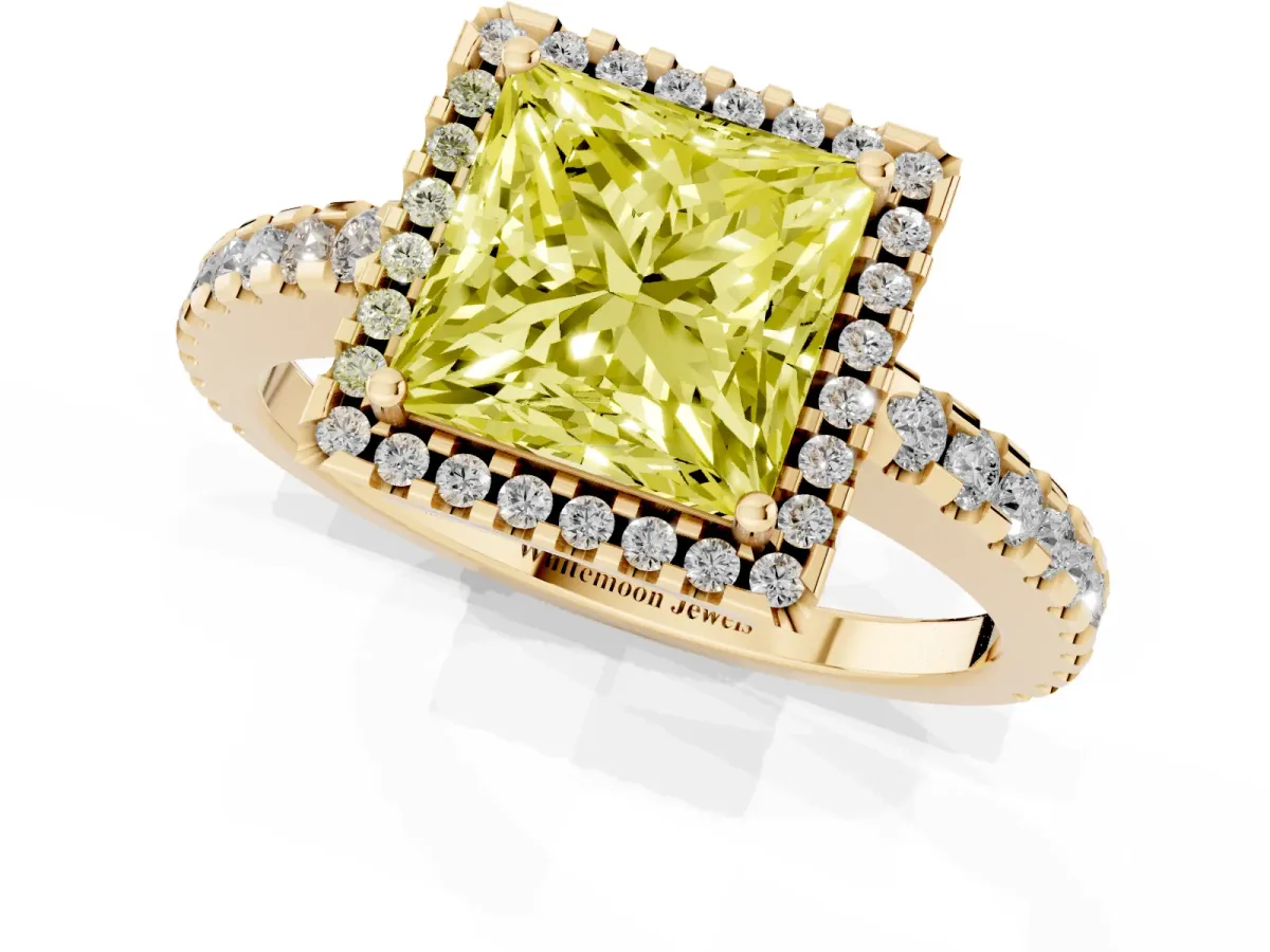 Fancy Yellow Princess Cut Diamond Halo Engagement Ring with Pavé Band and Prong Setting Yellow gold
