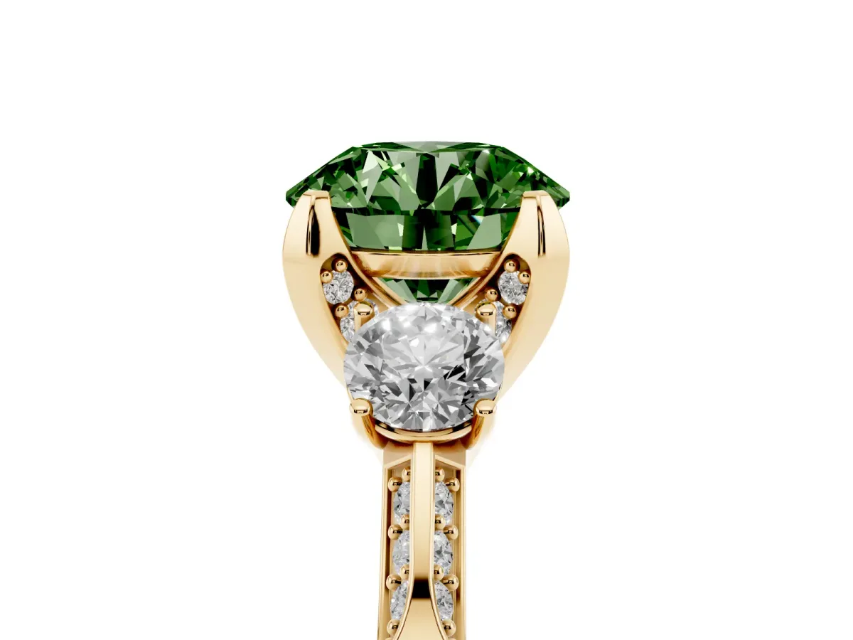 Fancy Green Round Cut Brilliant Three-Stone Diamond Ring with Pavé Band and Four-Prong Setting Yellow gold