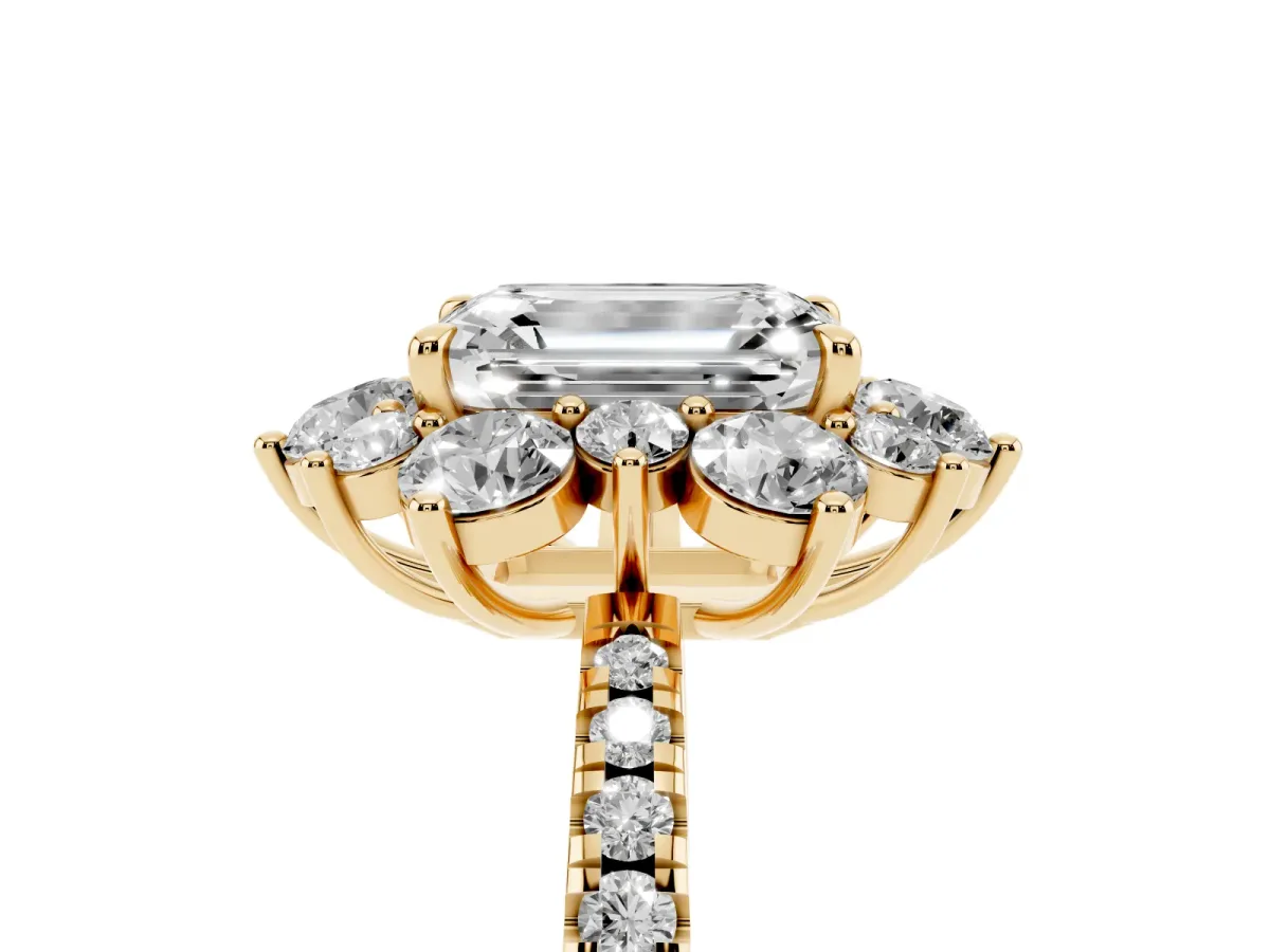 Emerald Cut Diamond Floral Halo Ring with Round Pavé Band and Prong Setting Yellow gold