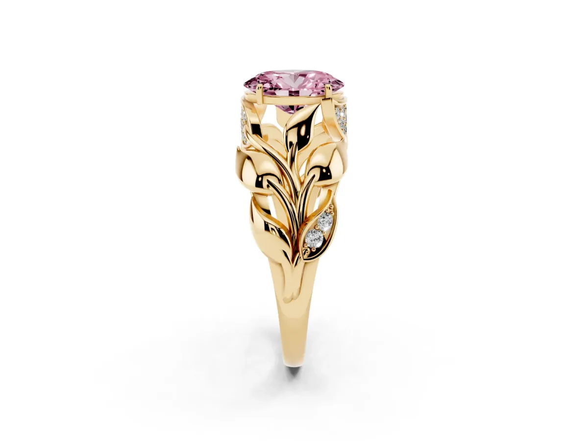 Fancy Pink Oval Cut Diamond Leaf-Inspired Engagement Ring with Round Accents and Prong Setting Yellow gold