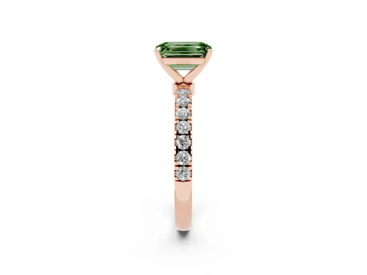 Fancy Green Emerald Cut Diamond Solitaire Ring with Pavé Accents and Four-Prong Setting Rose gold