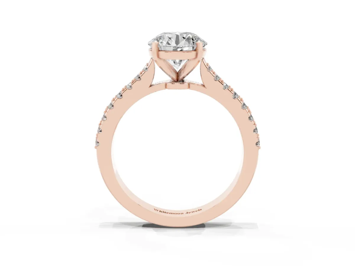 Round Cut Cut Solitaire Diamond Engagement Ring with Pave Band and Four-Prong Setting Rose gold