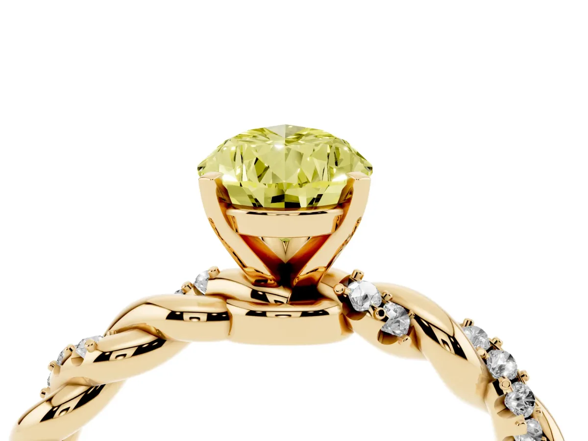 Fancy Yellow Pear Cut Diamond Solitaire Ring with Twisted Band and Pavé Accents Yellow gold