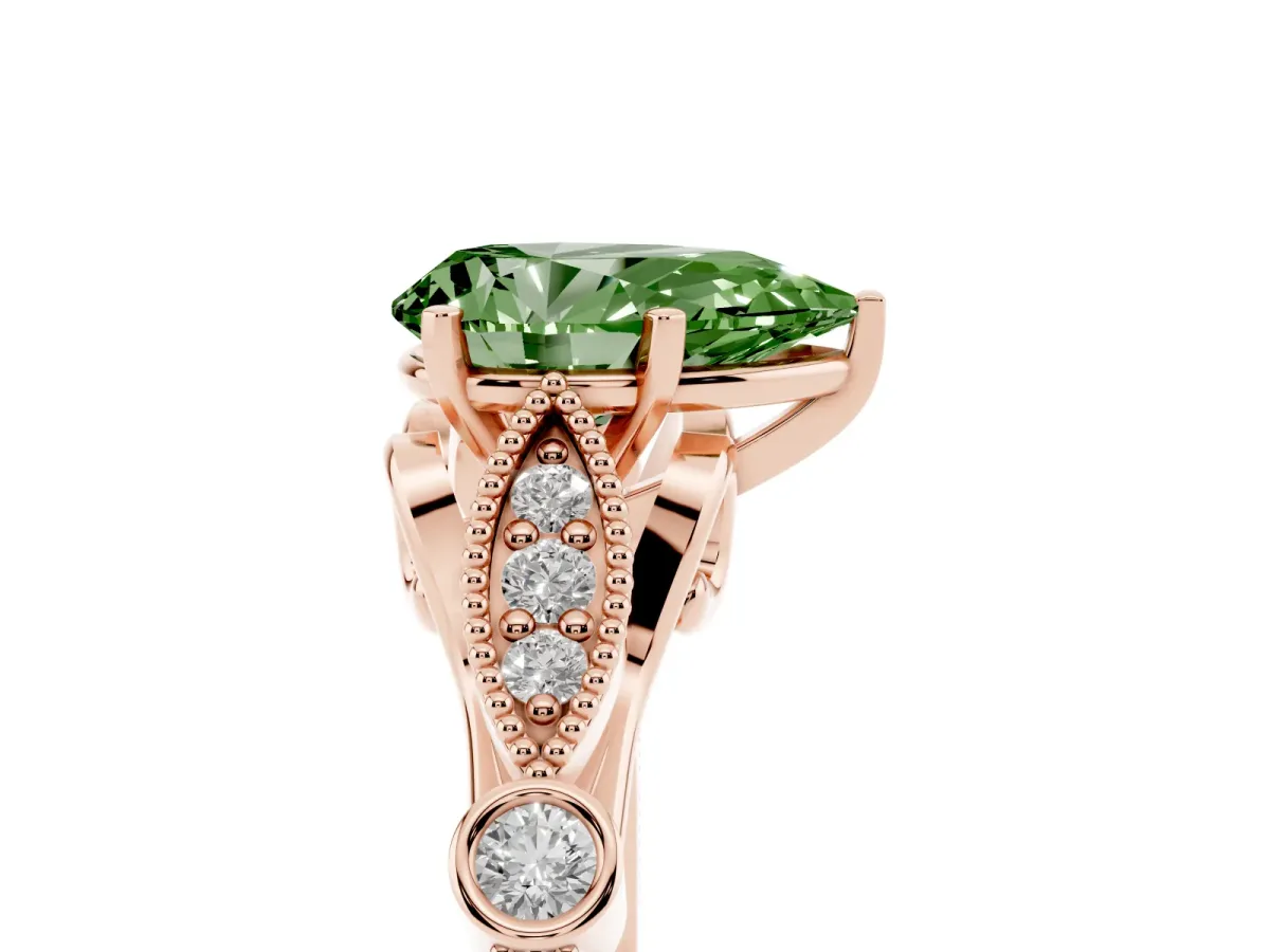 Fancy Green Pear Cut Cut Diamond with Milgrain Marquise and Bezel Accents on a Solitaire Band with Prong Setting Rose gold