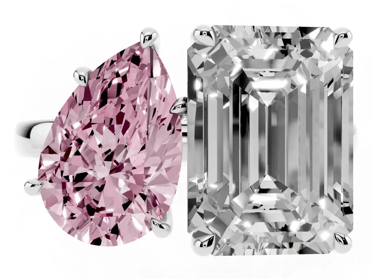 Fancy Pink Pear Cut and Emerald Cut Toi Moi Ring with Prong Setting Platinum
