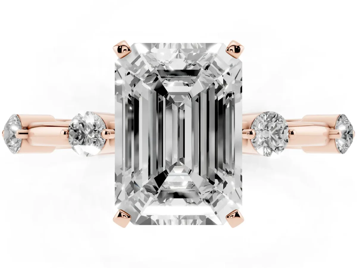 Emerald Cut Solitaire Diamond Ring with Bezel Set Side Stones and Prong Setting Rose gold