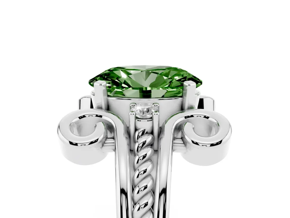 Fancy Green Oval Cut Solitaire Twisted Band Scroll Prong Ring White gold