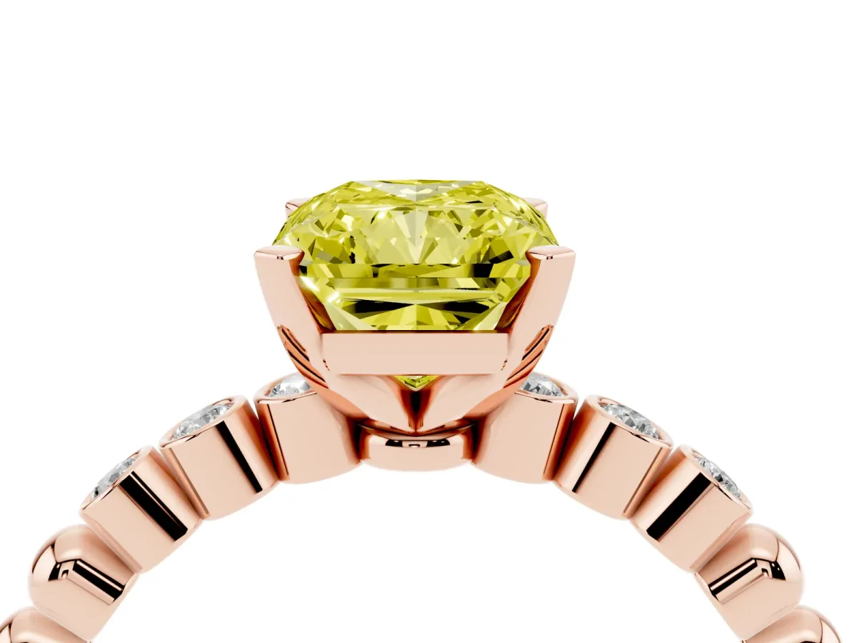 Fancy Yellow Radiant Cut Solitaire Bezel Accent Diamond Engagement Ring with Beaded Band and Four-Prong Setting Rose gold