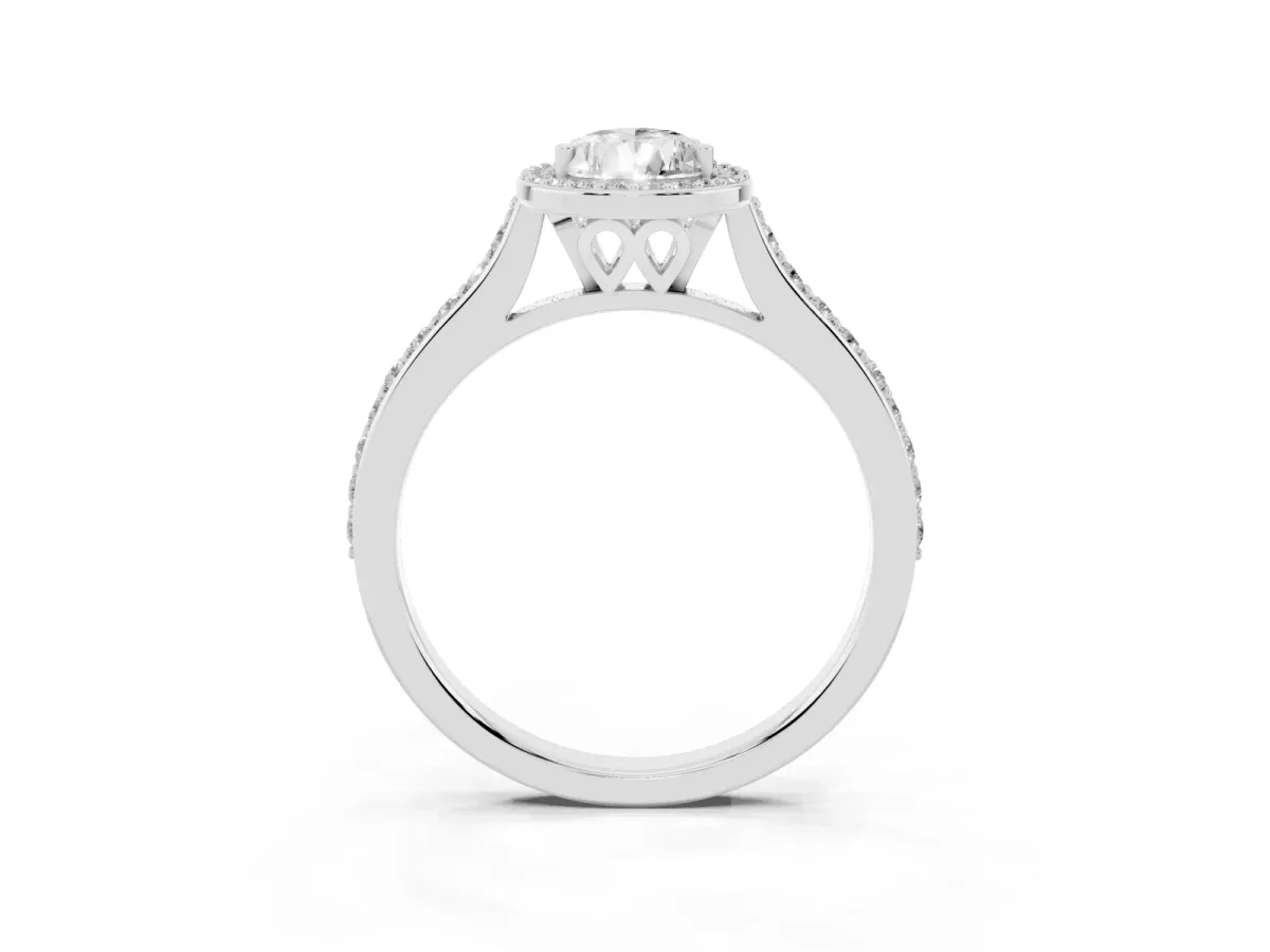 Pear Cut Diamond Halo Engagement Ring with Round Pavé Shoulders and Prong Setting Silver