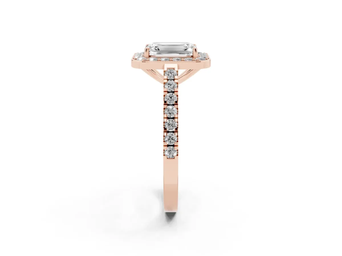 Emerald Cut Diamond Halo Ring with Round Pavé Split Shank and Prong Setting Rose gold