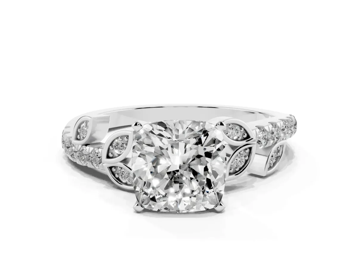 Cushion Cut Solitaire Leaf-Inspired Diamond Ring with Pavé Band and Four-Prong Setting Silver
