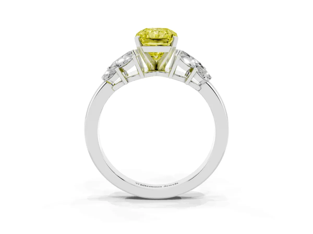 Fancy Yellow Radiant Cut Diamond Cluster Leaf Design Ring with Prong Setting Silver