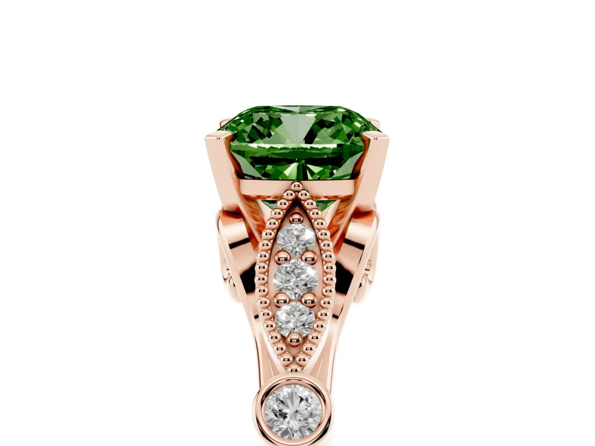 Fancy Green Cushion Cut Cut Diamond with Milgrain Marquise and Bezel Accents on a Solitaire Band with Prong Setting Rose gold