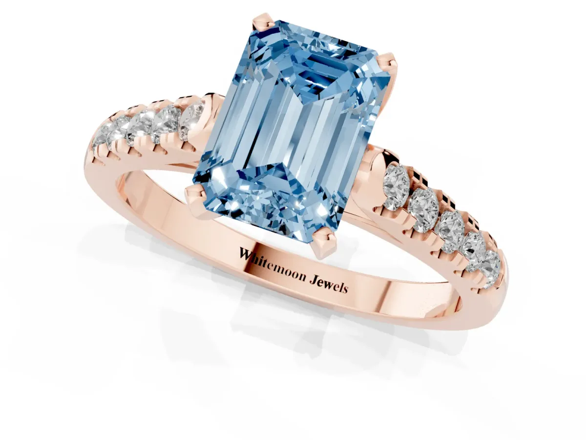 Fancy Blue Emerald Cut Diamond Pavé Band Solitaire Ring with Prong Setting Rose gold