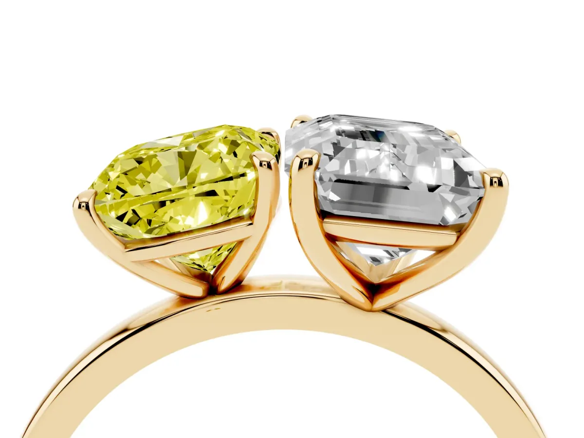 Fancy Yellow Cushion Cut and Emerald Cut Toi Moi Ring with Prong Setting Yellow gold