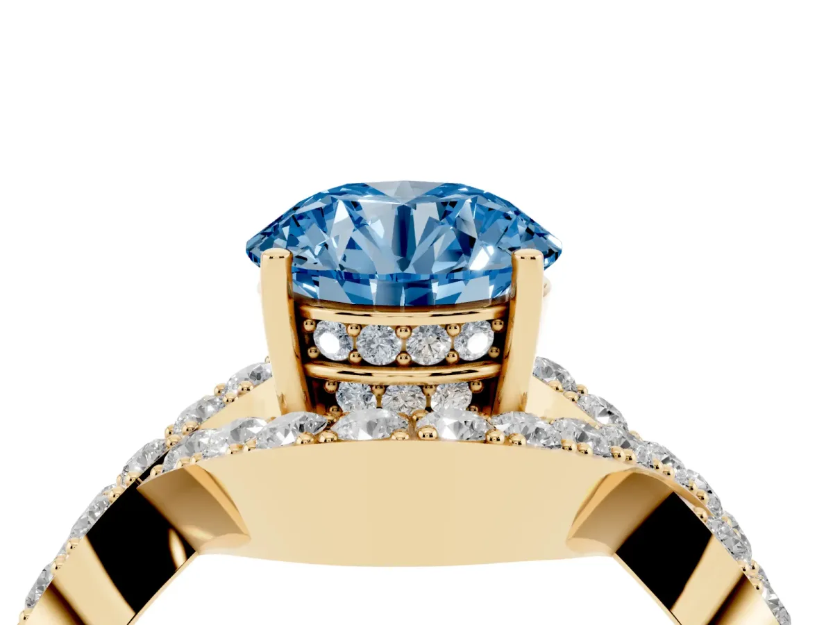 Fancy Blue Round Cut Solitaire Twist Band Pavé Diamond Engagement Ring Yellow gold